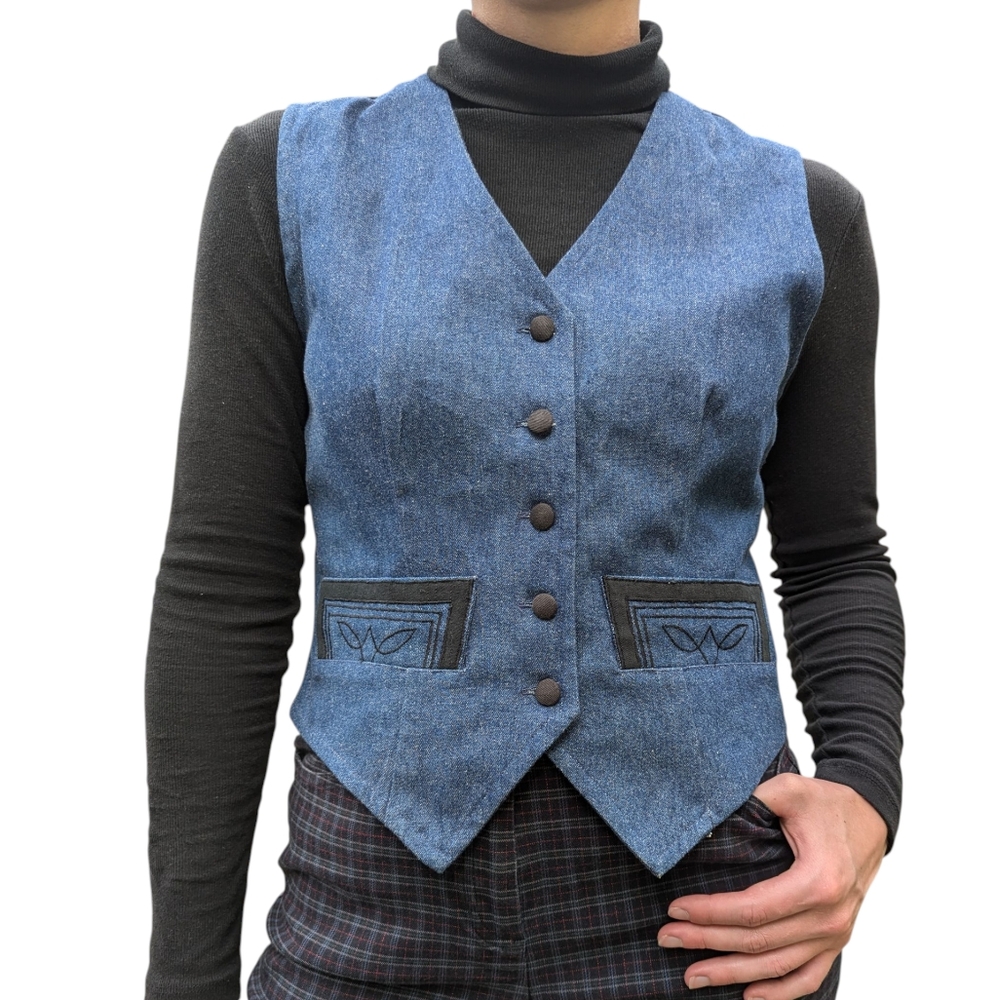 Vintage Blue Denim Vest with Black Embroidery